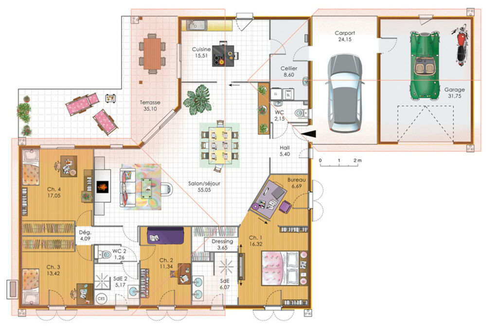 plan maison 4 chambres plain pied