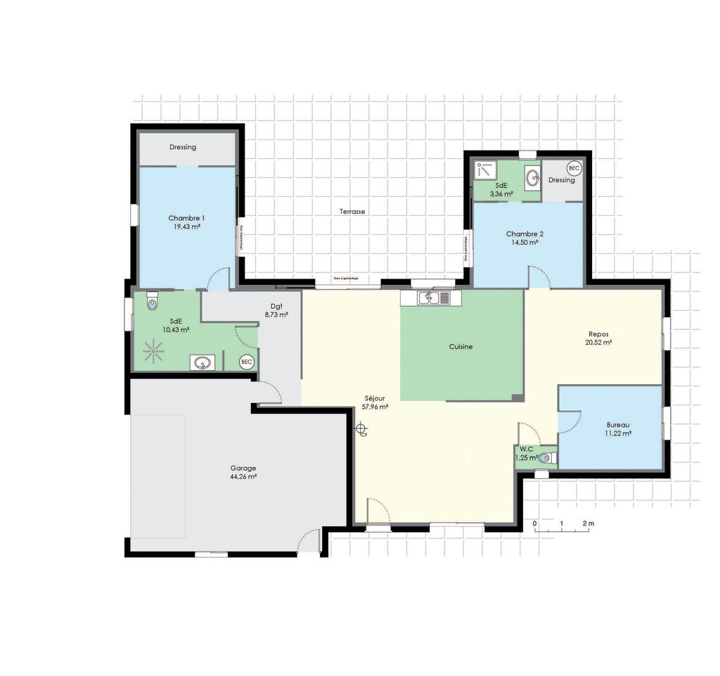 plan de maison 2 chambres plain pied